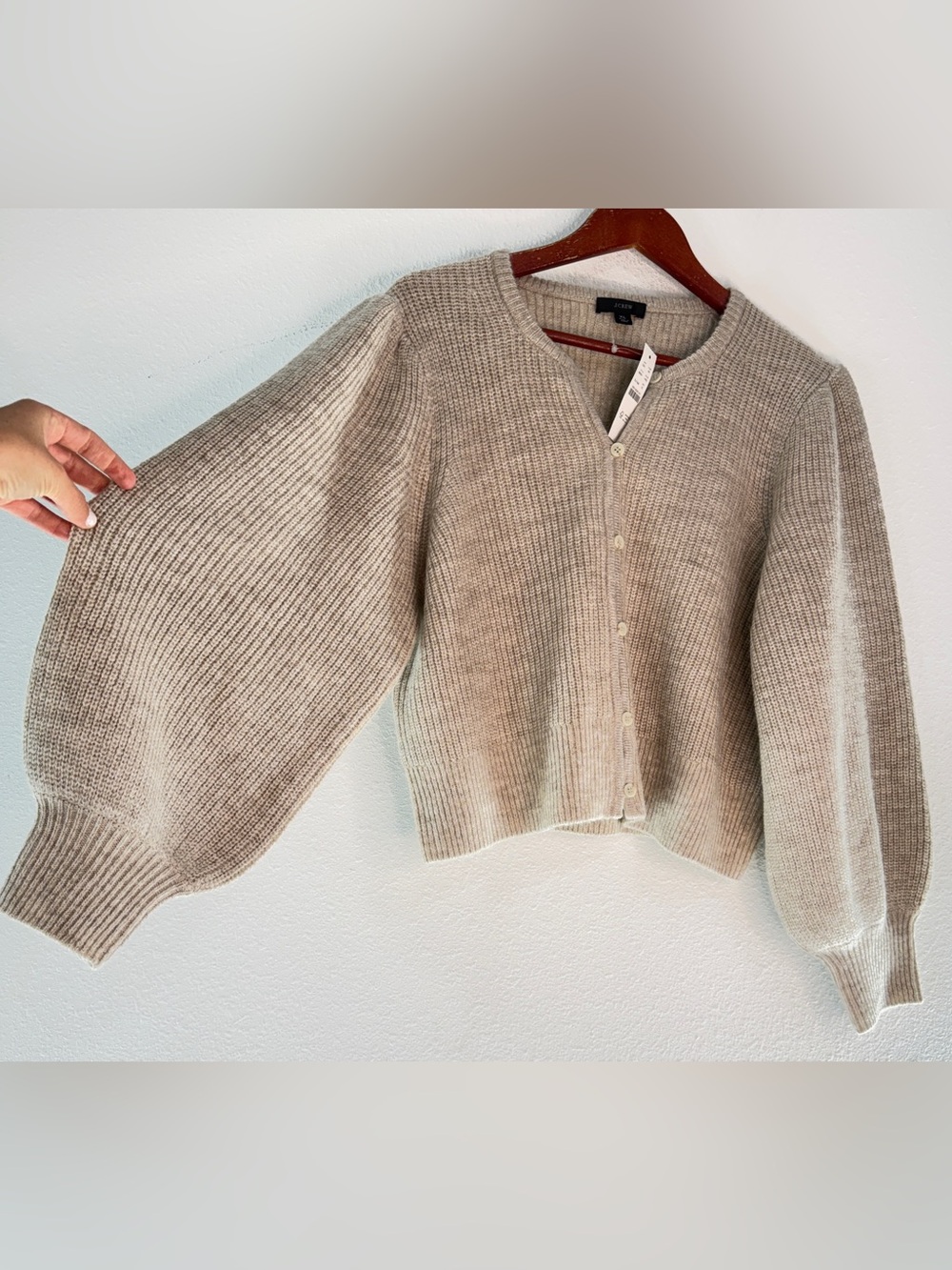 J.Crew Knit Cardigan Balloon Sleeve Merino Wool Alpaca Beige Ribbed Casual NWT